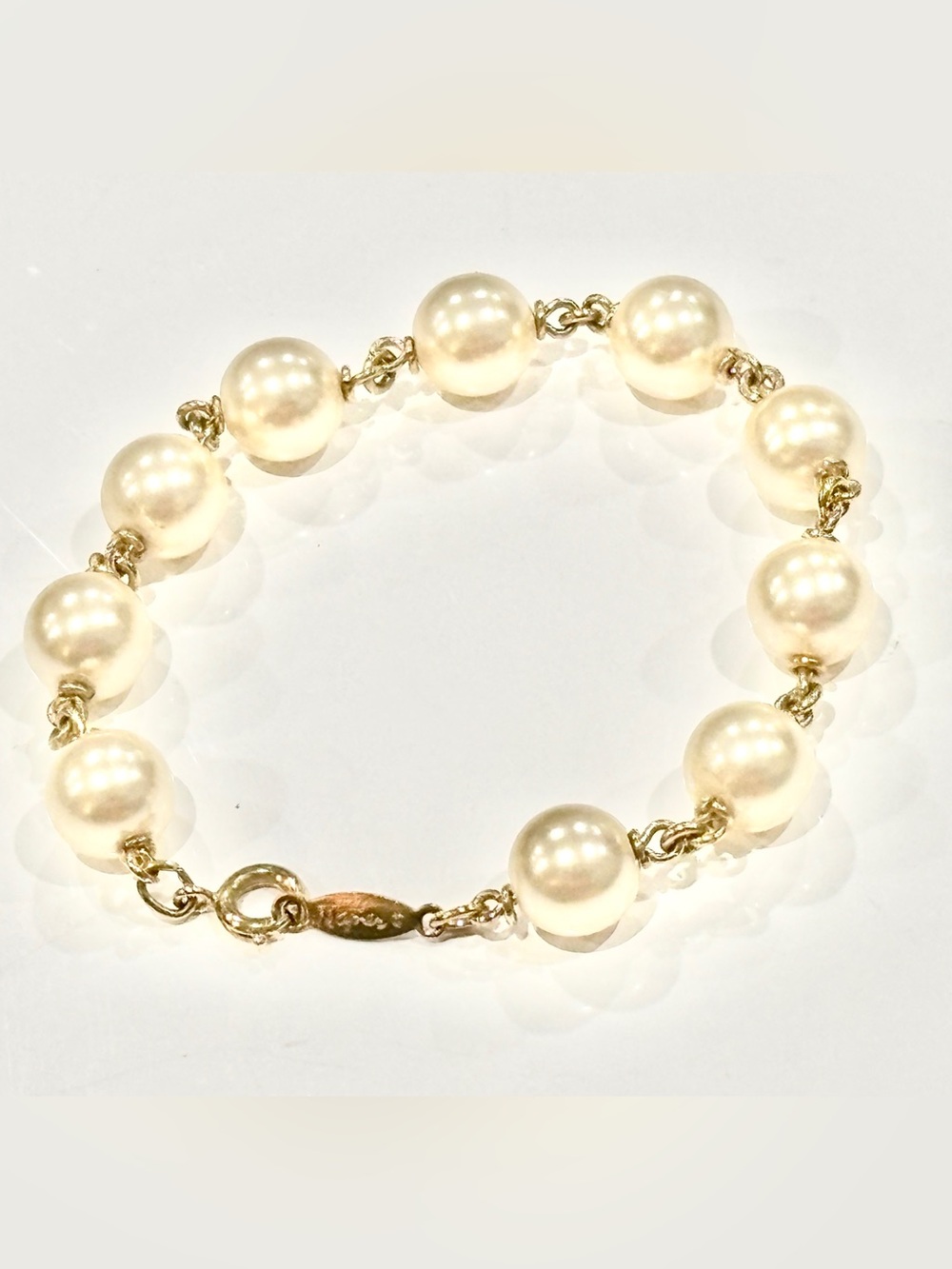 Vintage Signed Napier Gold Tone Faux Pearl Station Link Bracelet - 7.5” Long